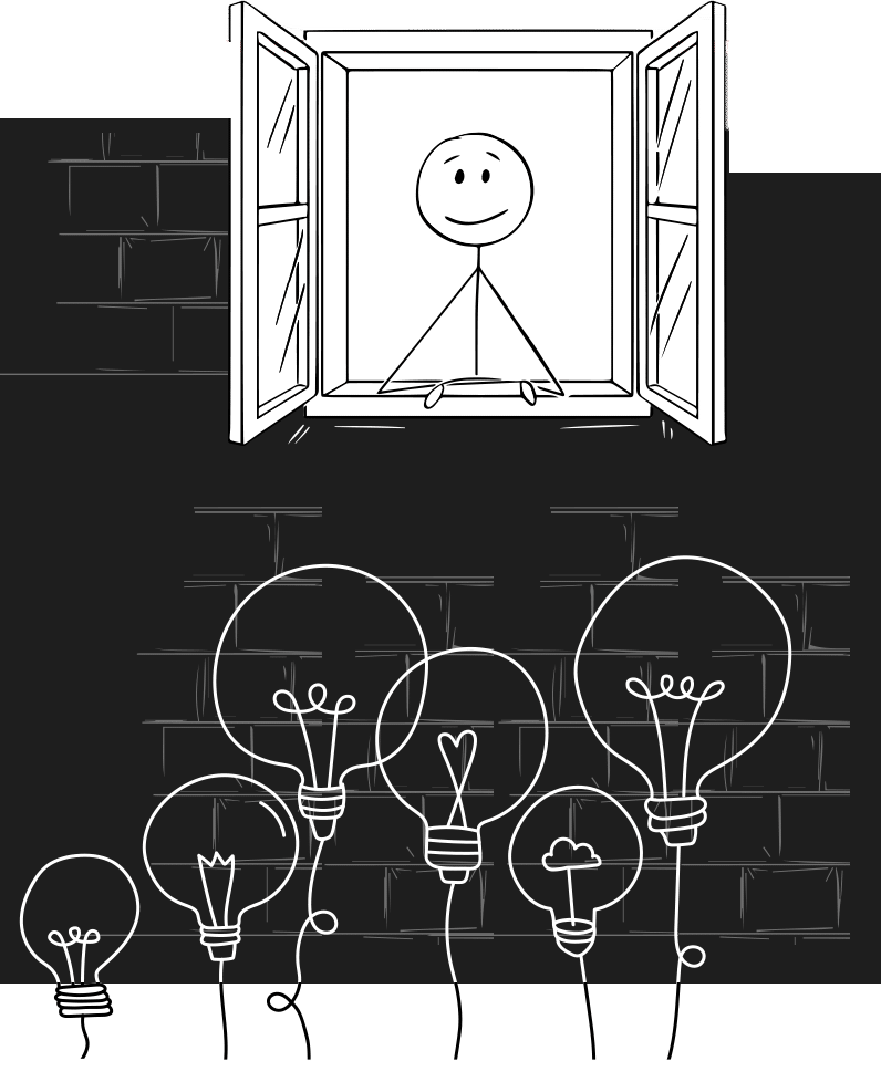 Stickboy looking out of window at lightbulbs 2